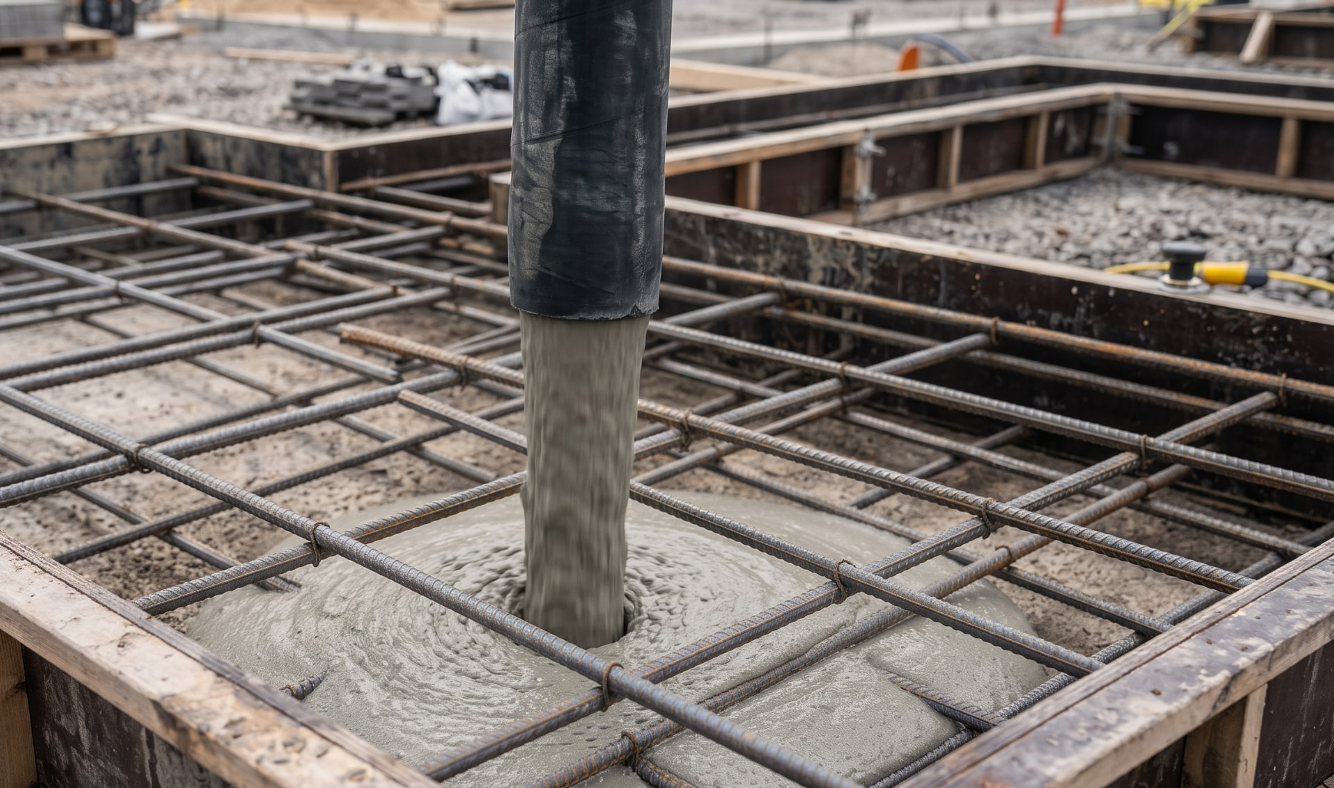 Fresh concrete pouring into a container on a construction site